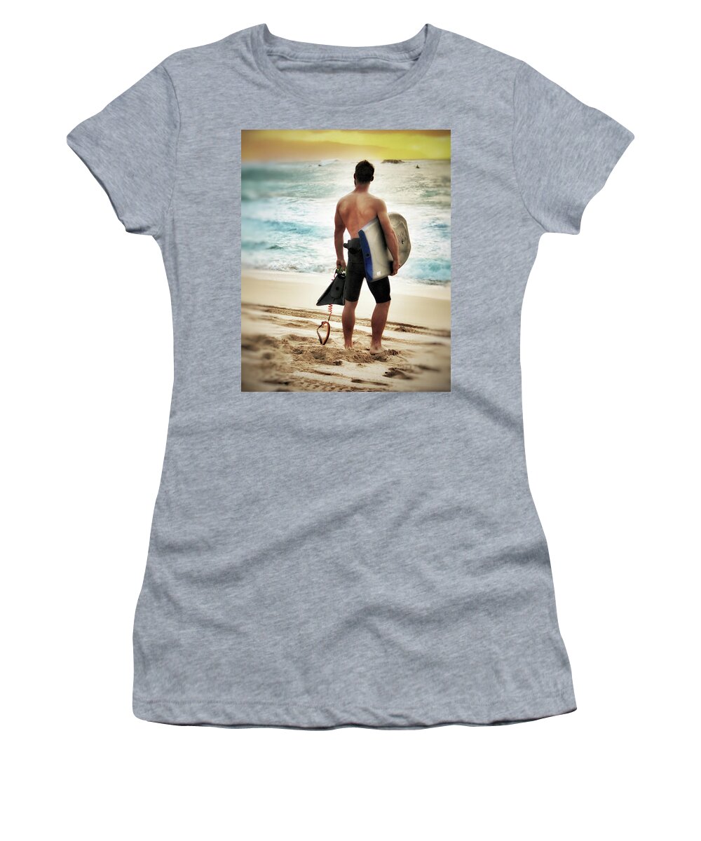 Surfer Women's T-Shirt featuring the photograph Boggie Boarder at Waimea Bay by Jim Albritton