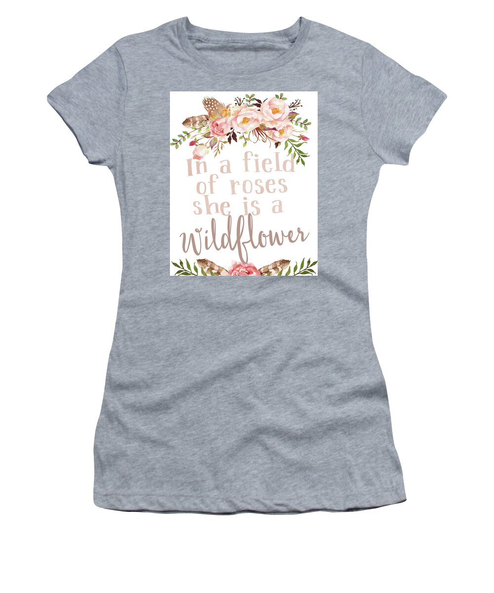 Boho Women's T-Shirt featuring the digital art Boho In A Field Of Roses She Is A Wildflower by Pink Forest Cafe