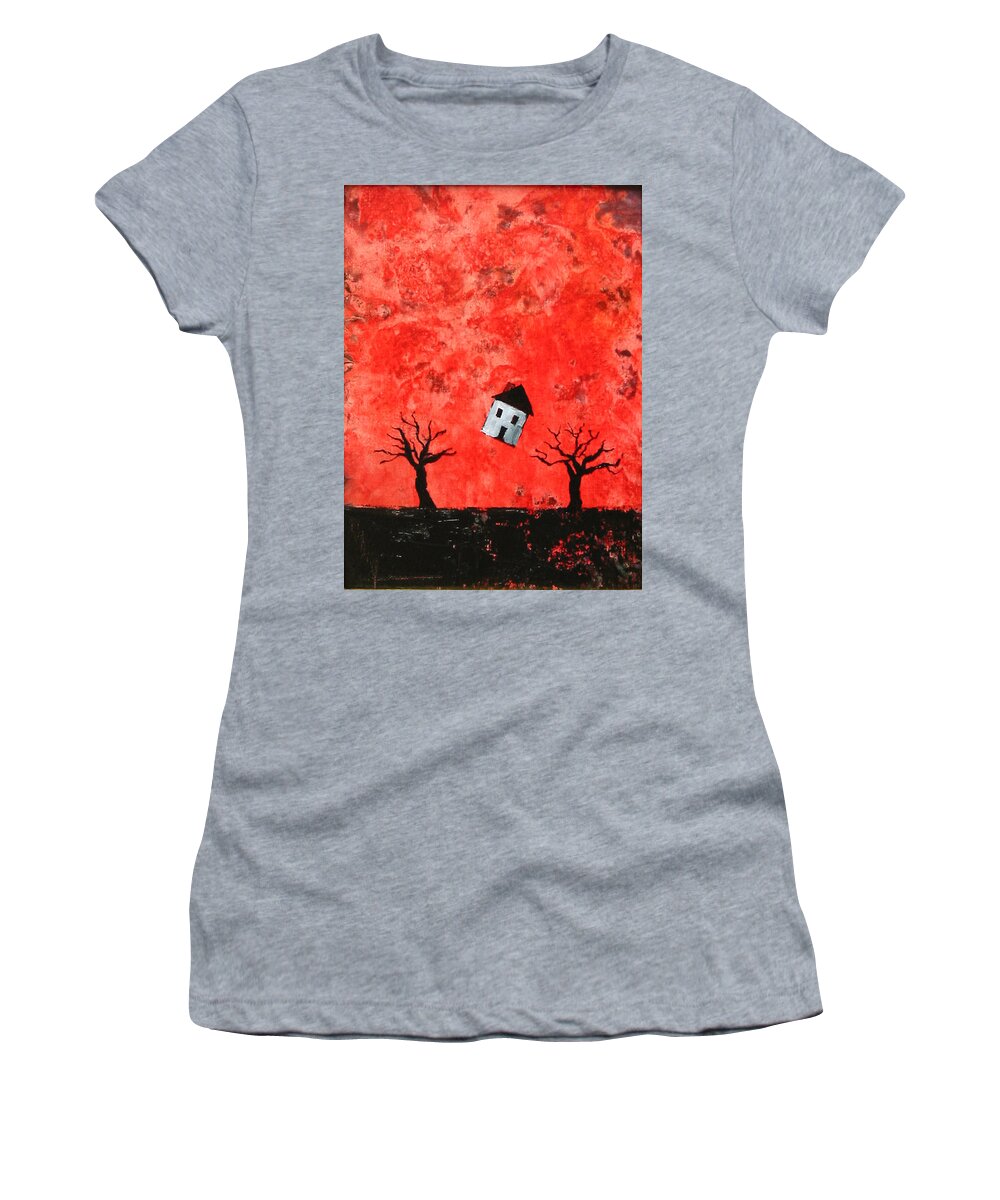 House Women's T-Shirt featuring the painting Bouncing House Fiery Sky by Pauline Lim