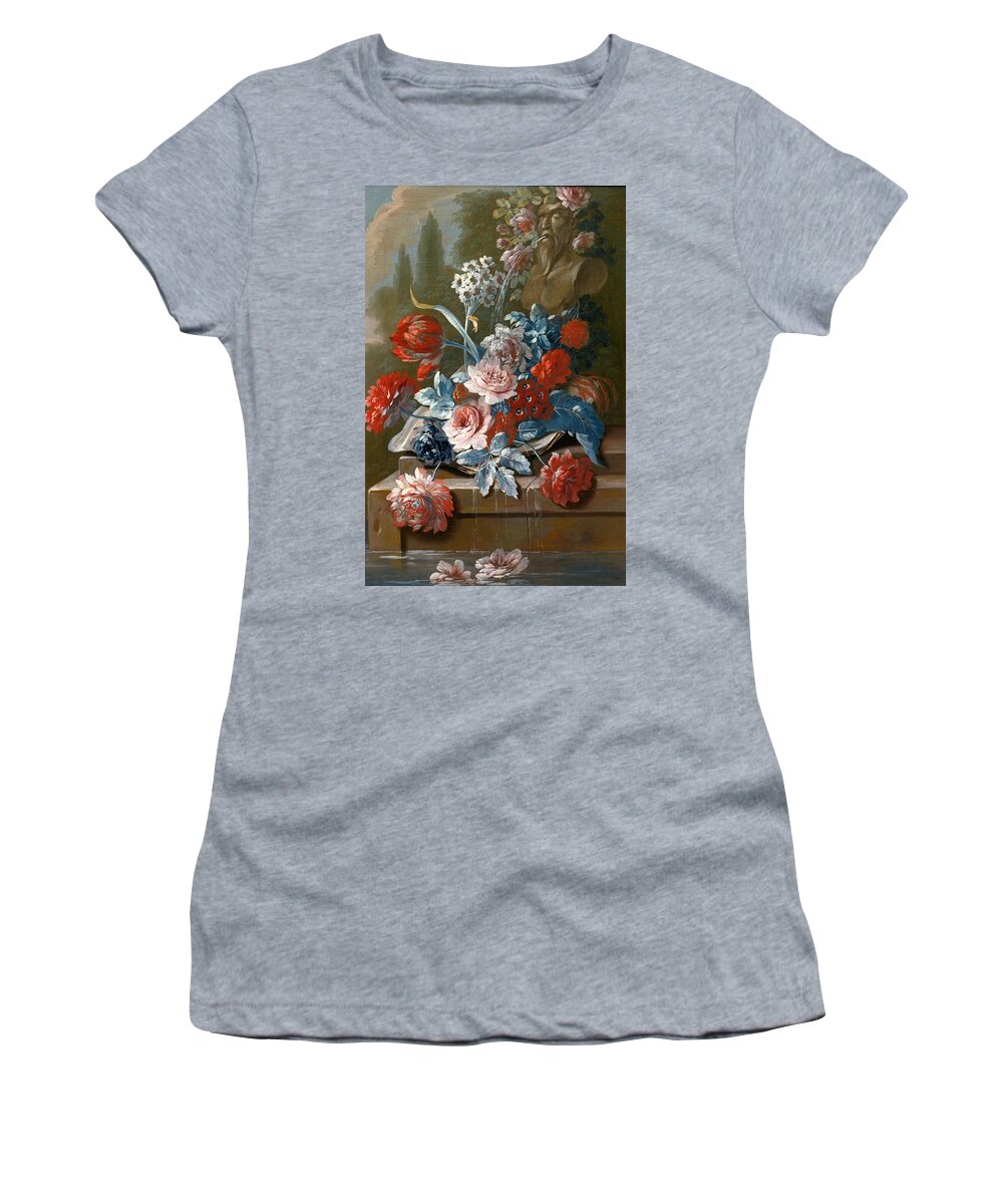 Mary Moser Women's T-Shirt featuring the painting Bouquets of Flowers on a Ledge above Water by Mary Moser