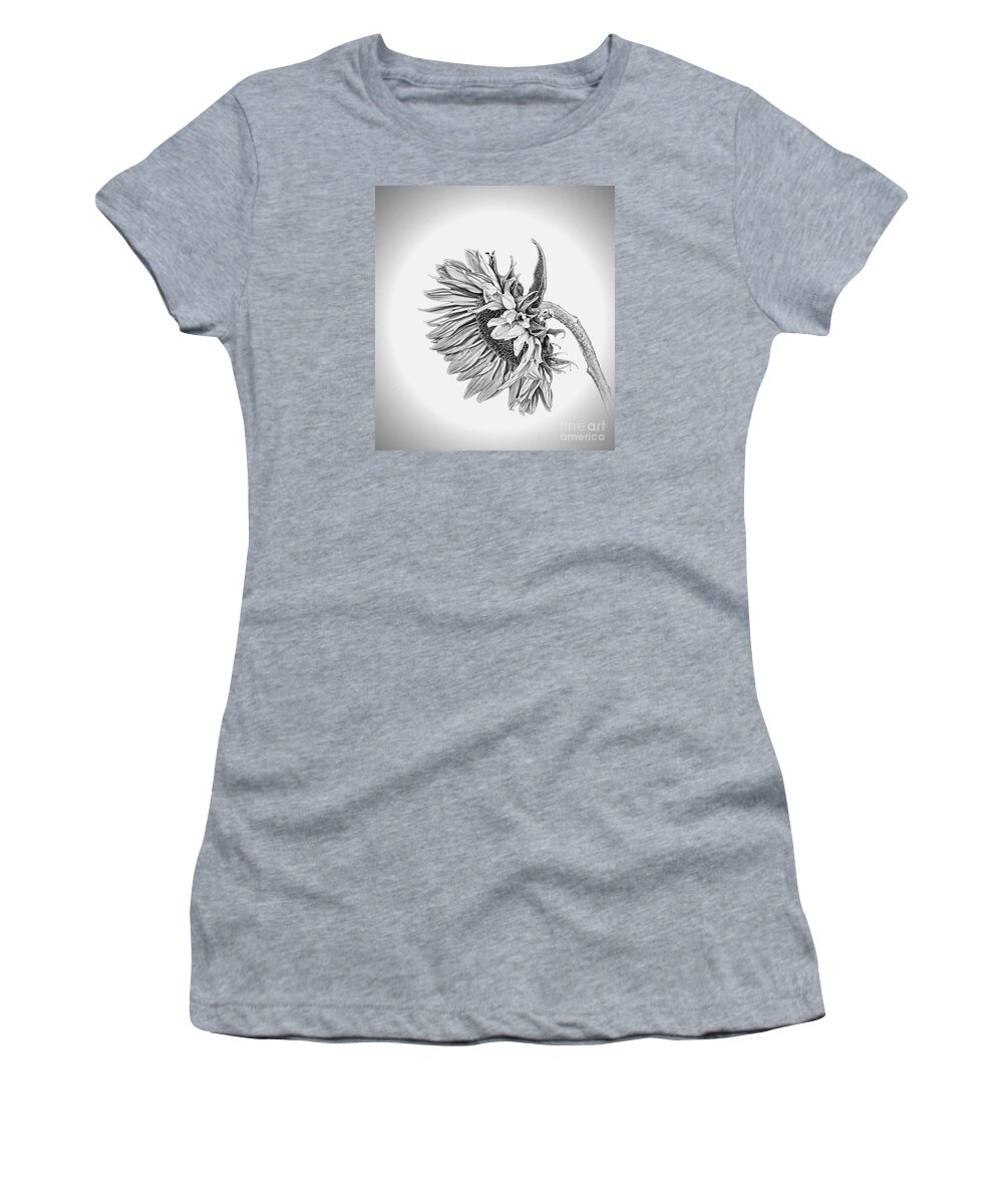 Sunflower Women's T-Shirt featuring the photograph Bowed Sunflower BW by Shirley Mangini