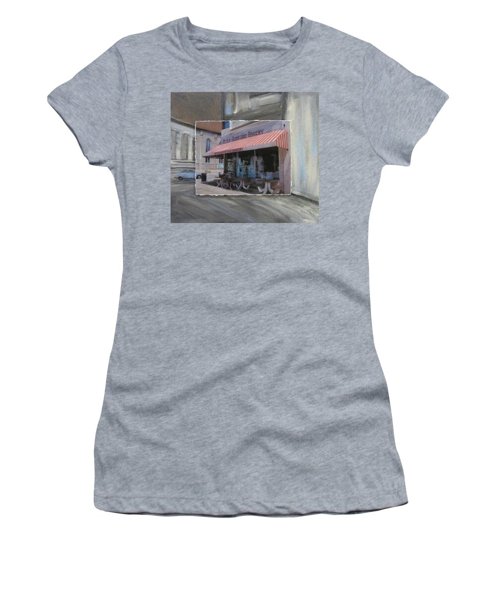 Brady Street Women's T-Shirt featuring the mixed media Brady Street - Peter Scortino Bakery layered by Anita Burgermeister