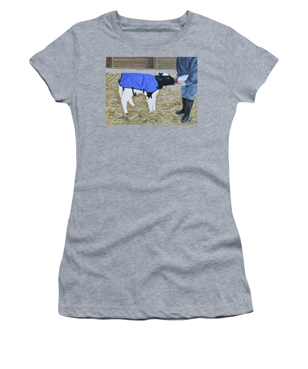 Holstein Calf Women's T-Shirt featuring the painting Breakfast time by Barb Pennypacker