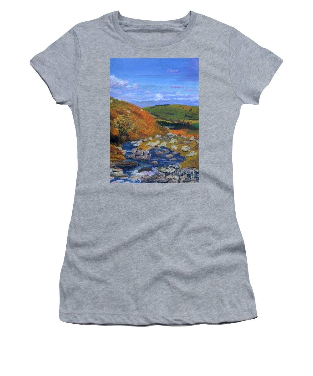Brecon Beacons National Park Women's T-Shirt featuring the pastel Brecon Beacon National Park Hills and Stream by Edward McNaught-Davis