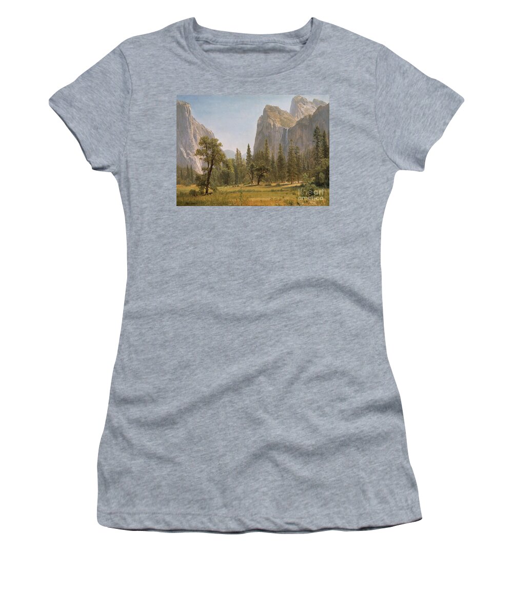 Bridal Women's T-Shirt featuring the painting Bridal Veil Falls Yosemite Valley California by Albert Bierstadt