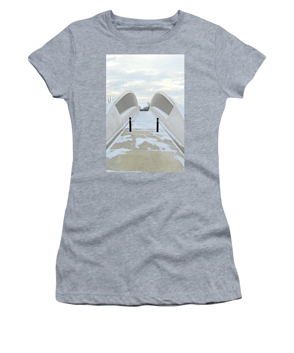 Footbridge Women's T-Shirt featuring the photograph Bridge May Ice in Winter by Jason Bohannon