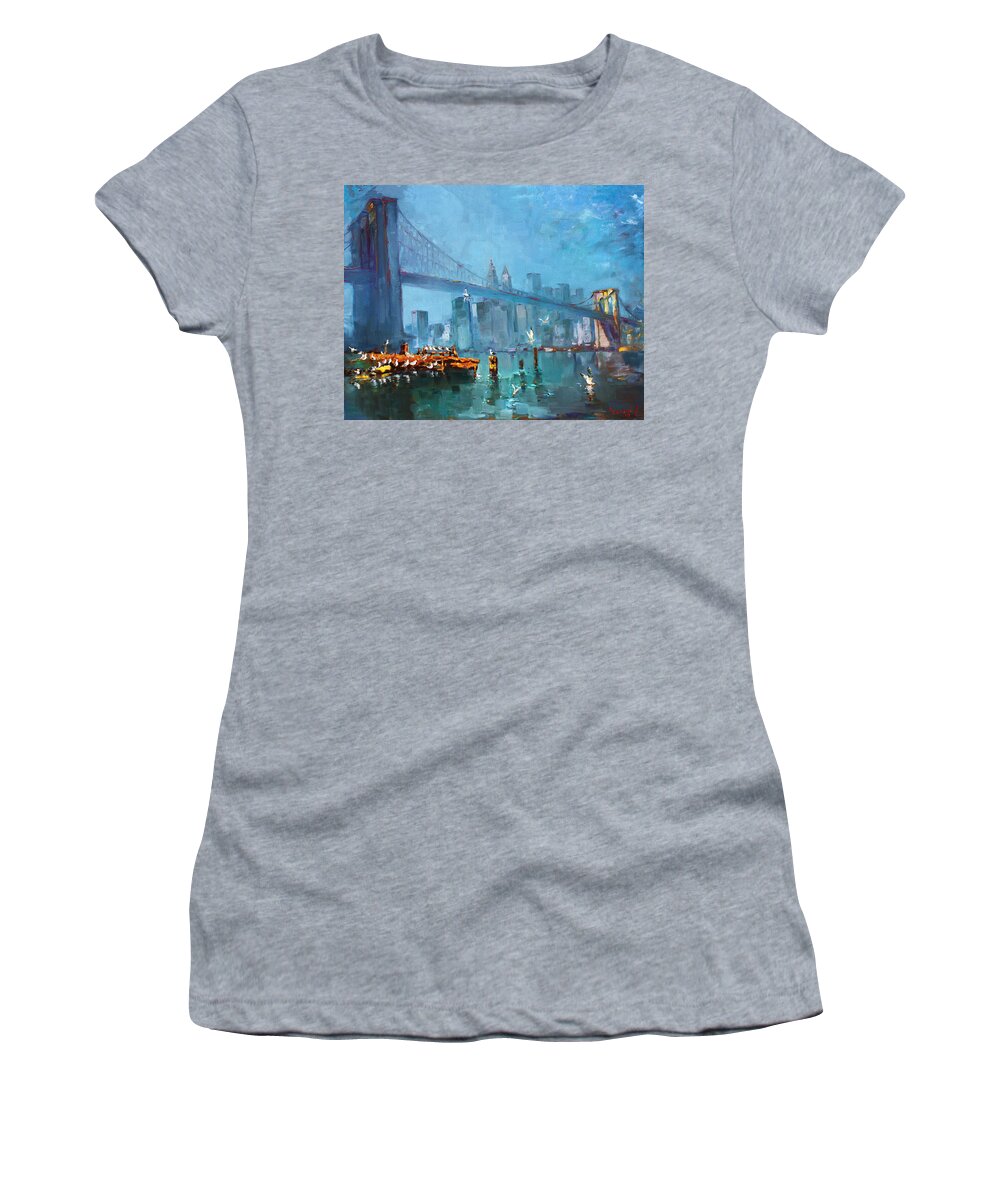 Landscape Women's T-Shirt featuring the painting Brooklyn Bridge by Ylli Haruni