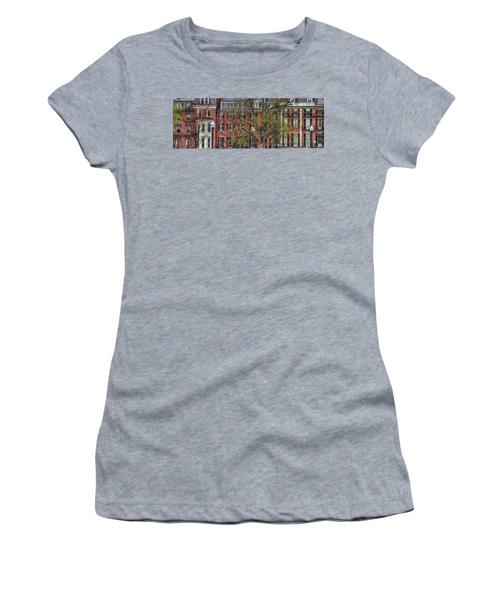 Brownstones Women's T-Shirt featuring the photograph Brownstone Panoramic - Beacon Street Boston by Joann Vitali