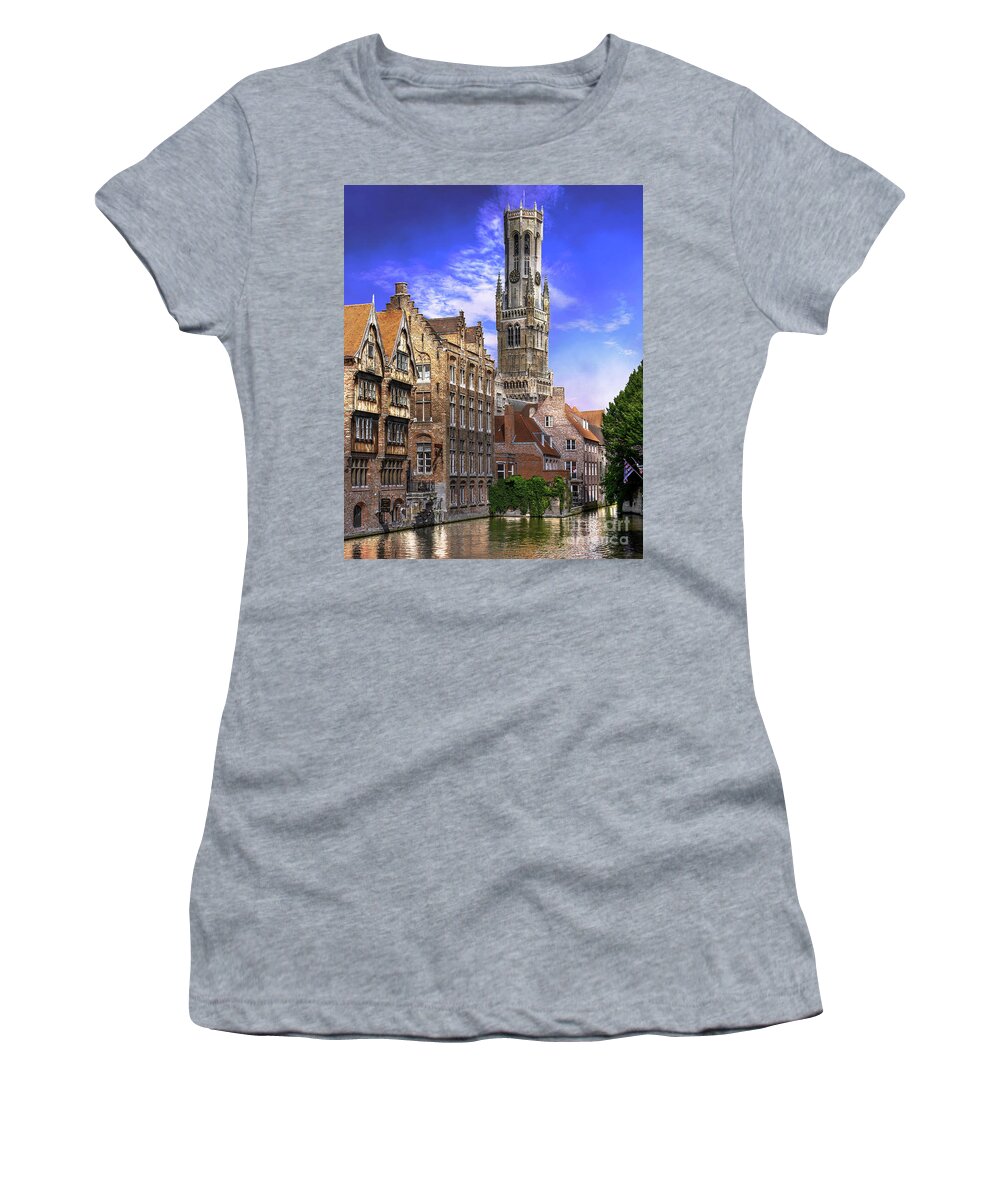 Brugge Women's T-Shirt featuring the photograph Brugge Bell Tower by David Meznarich