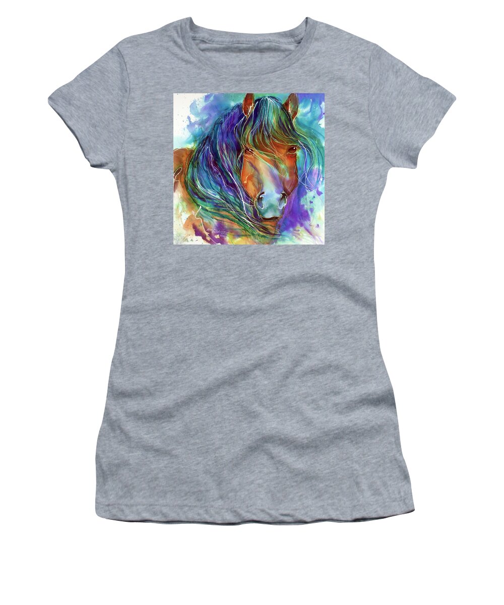 Equine Women's T-Shirt featuring the painting BUCKY the MUSTANG in WATERCOLOR by Marcia Baldwin