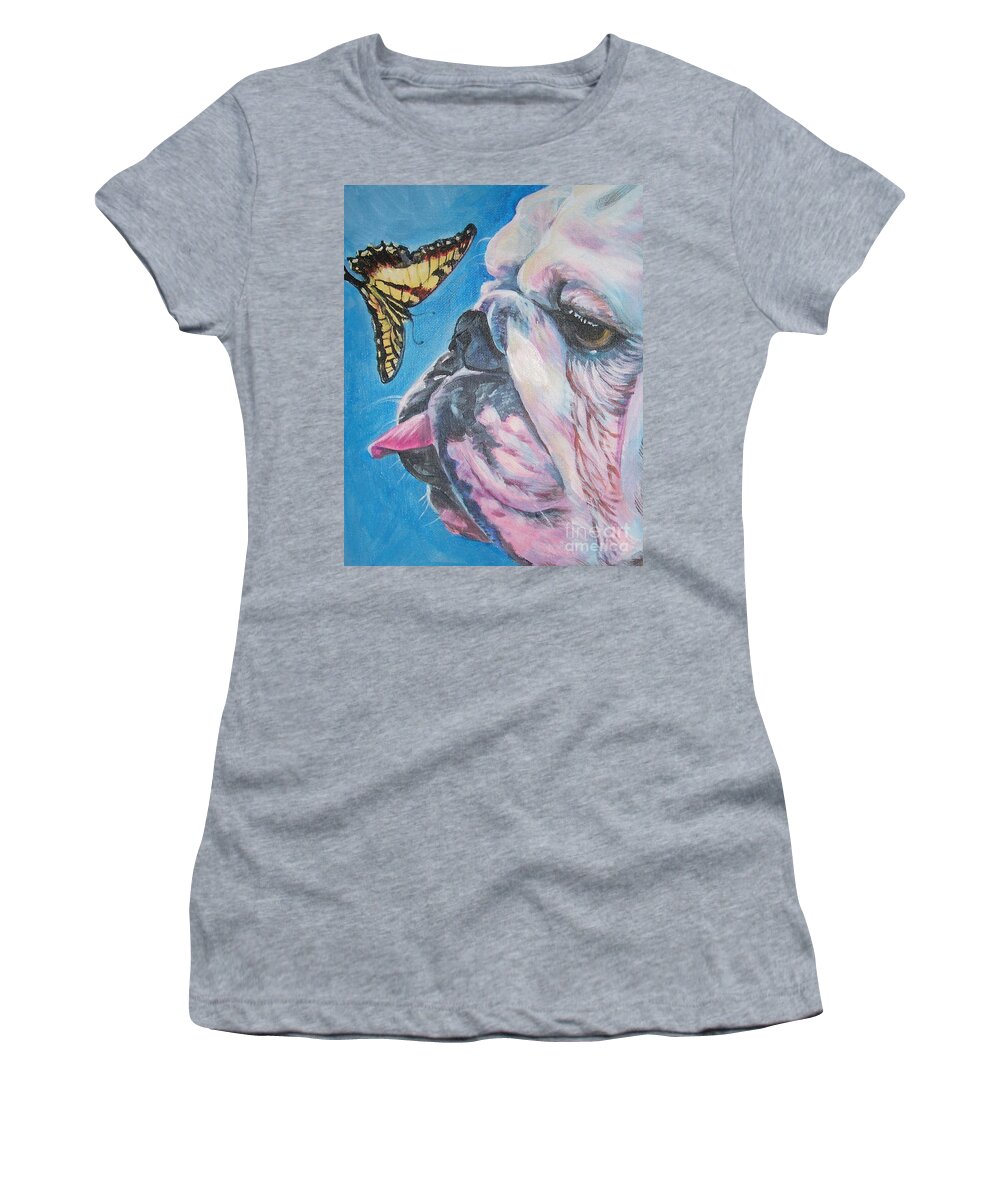 Bulldog Women's T-Shirt featuring the painting Bulldog and butterfly by Lee Ann Shepard