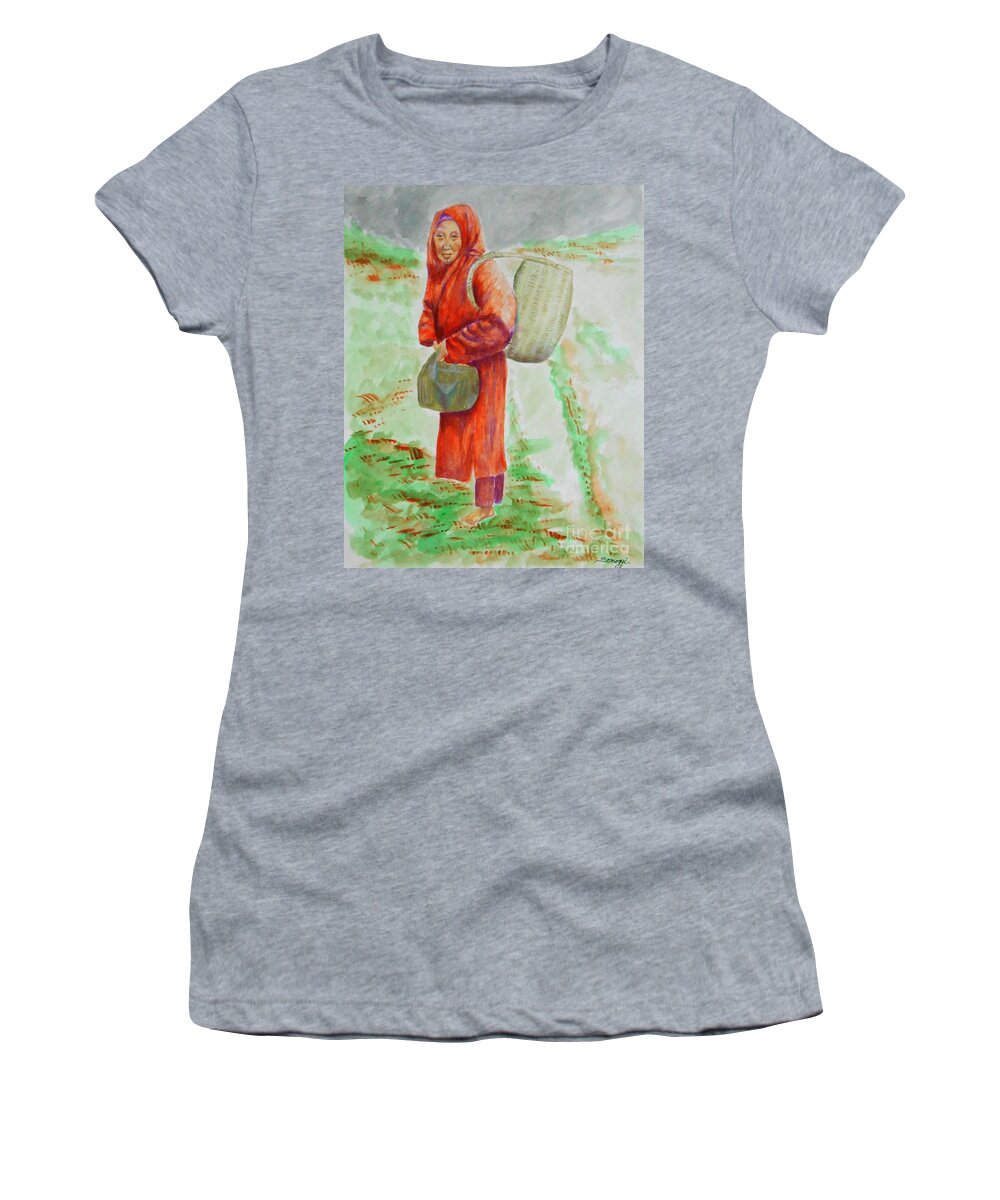 Asian Women's T-Shirt featuring the painting Bundled and Barefoot -- Portrait of Old Asian Woman Outdoors by Jayne Somogy