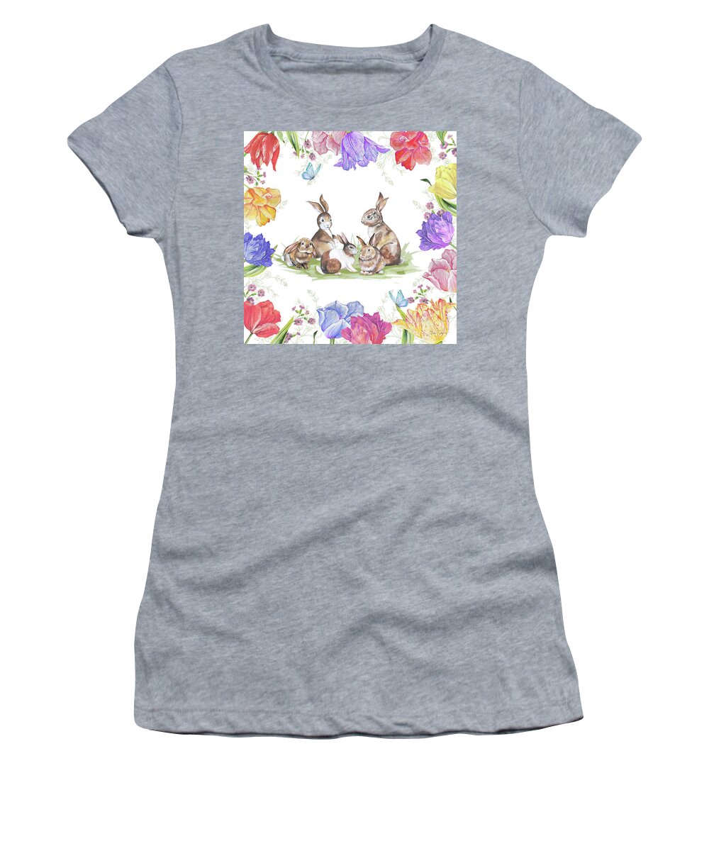 Bunny Women's T-Shirt featuring the painting Bunnies In The Tulips-A by Jean Plout