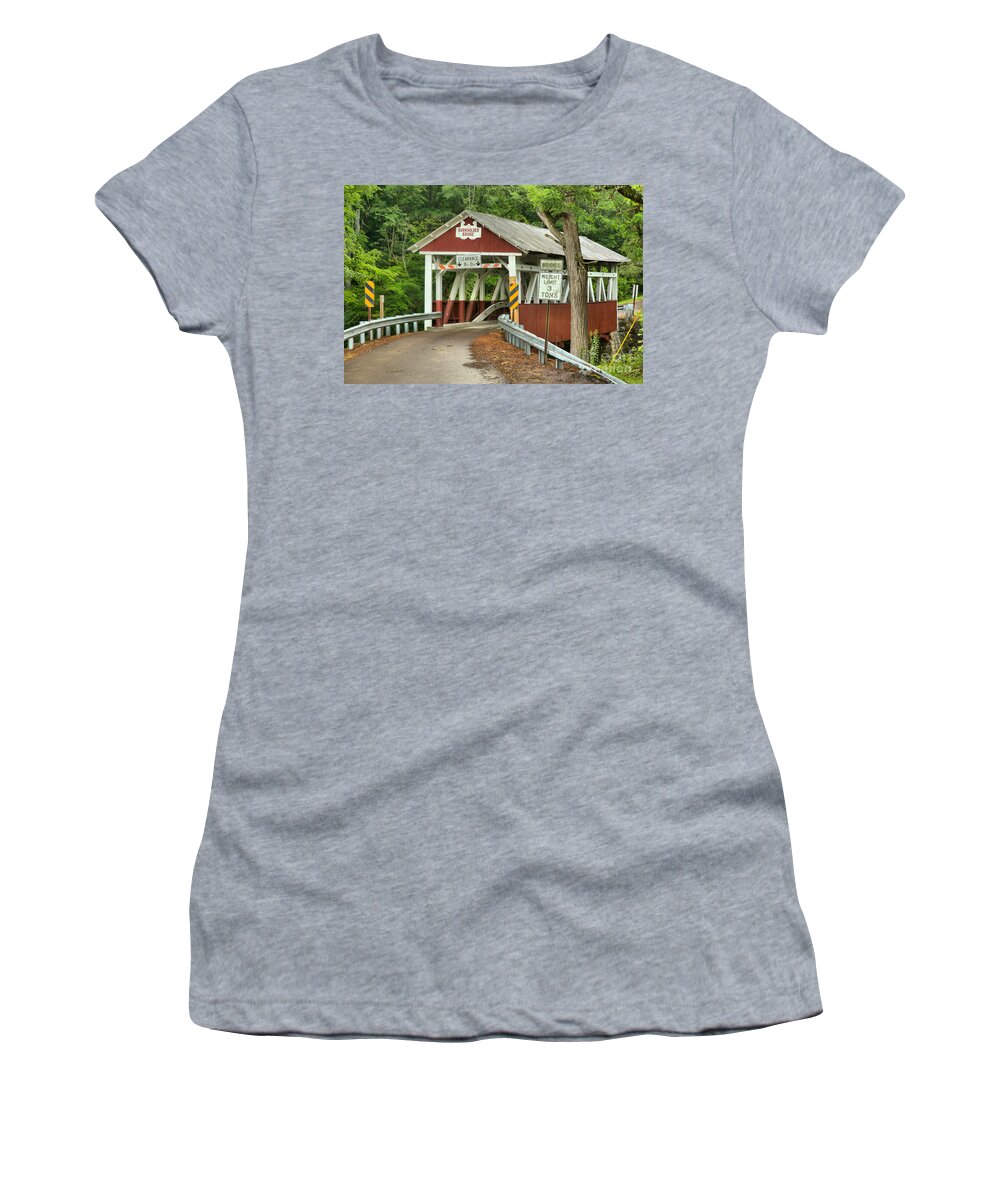 Burkholder Covered Bridge Women's T-Shirt featuring the photograph Burkholder Bridge In The Woods by Adam Jewell