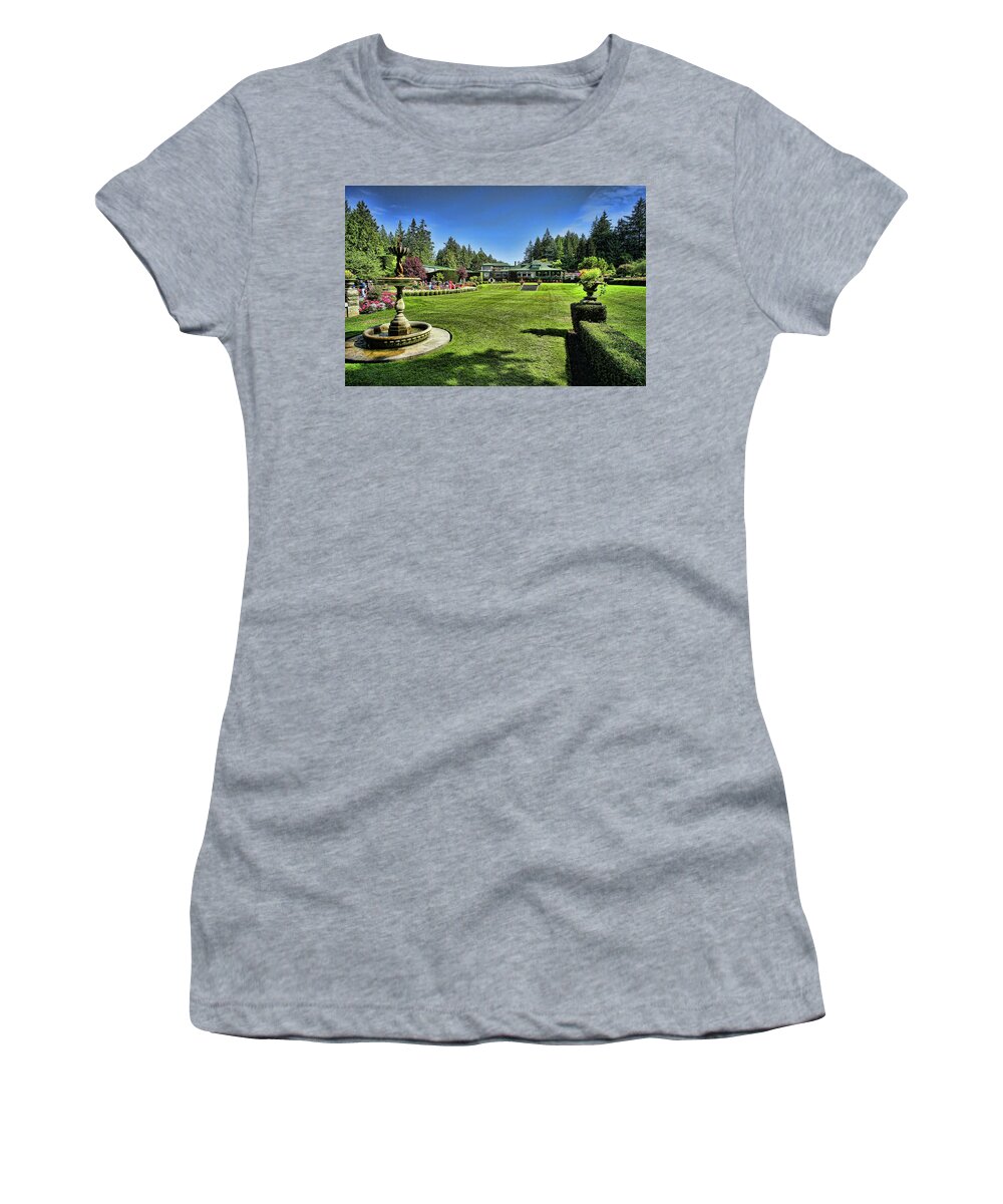 Butchart Women's T-Shirt featuring the photograph Butchart Gardens Dining Room Restaurant II by Lawrence Christopher