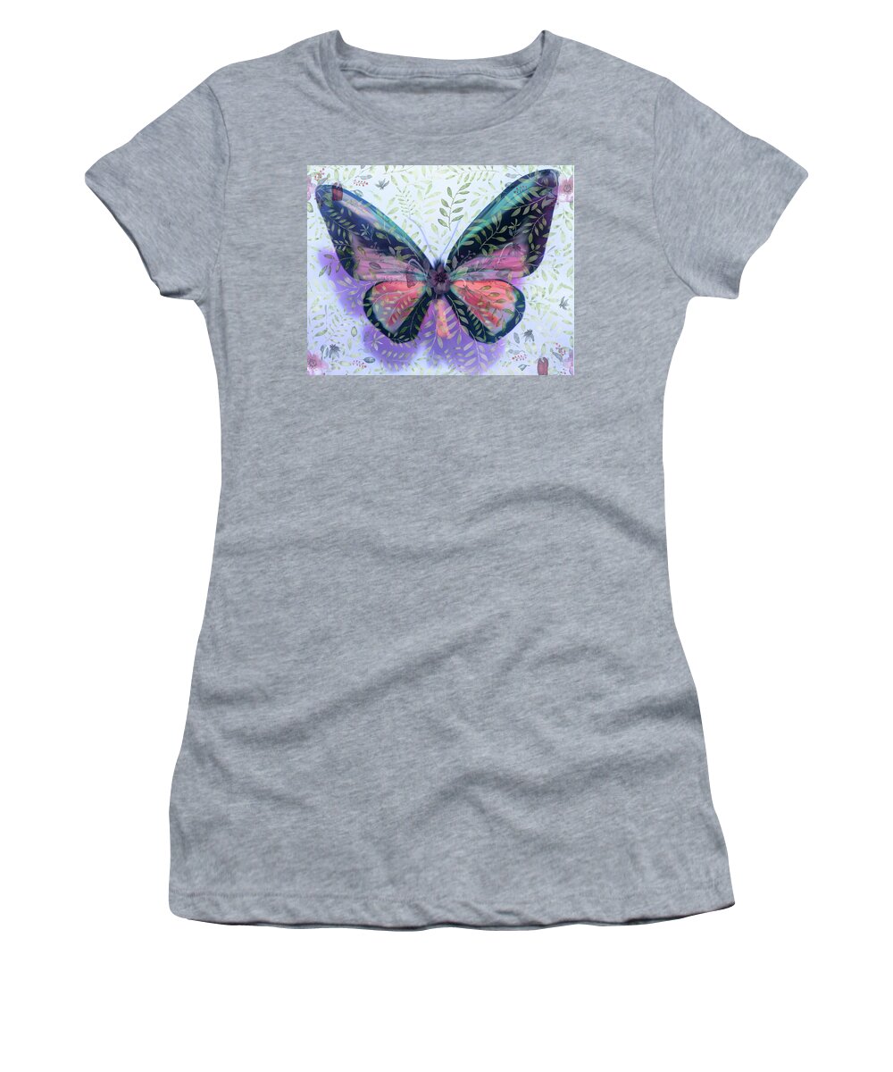 Butterfly Women's T-Shirt featuring the mixed media Butterfly Garden Fantasy by Rosalie Scanlon