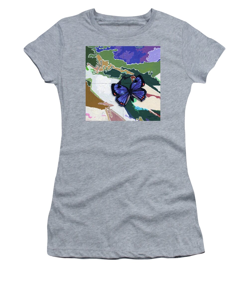 Butterfly Women's T-Shirt featuring the painting Butterfly Over Great Lakes by John Lautermilch