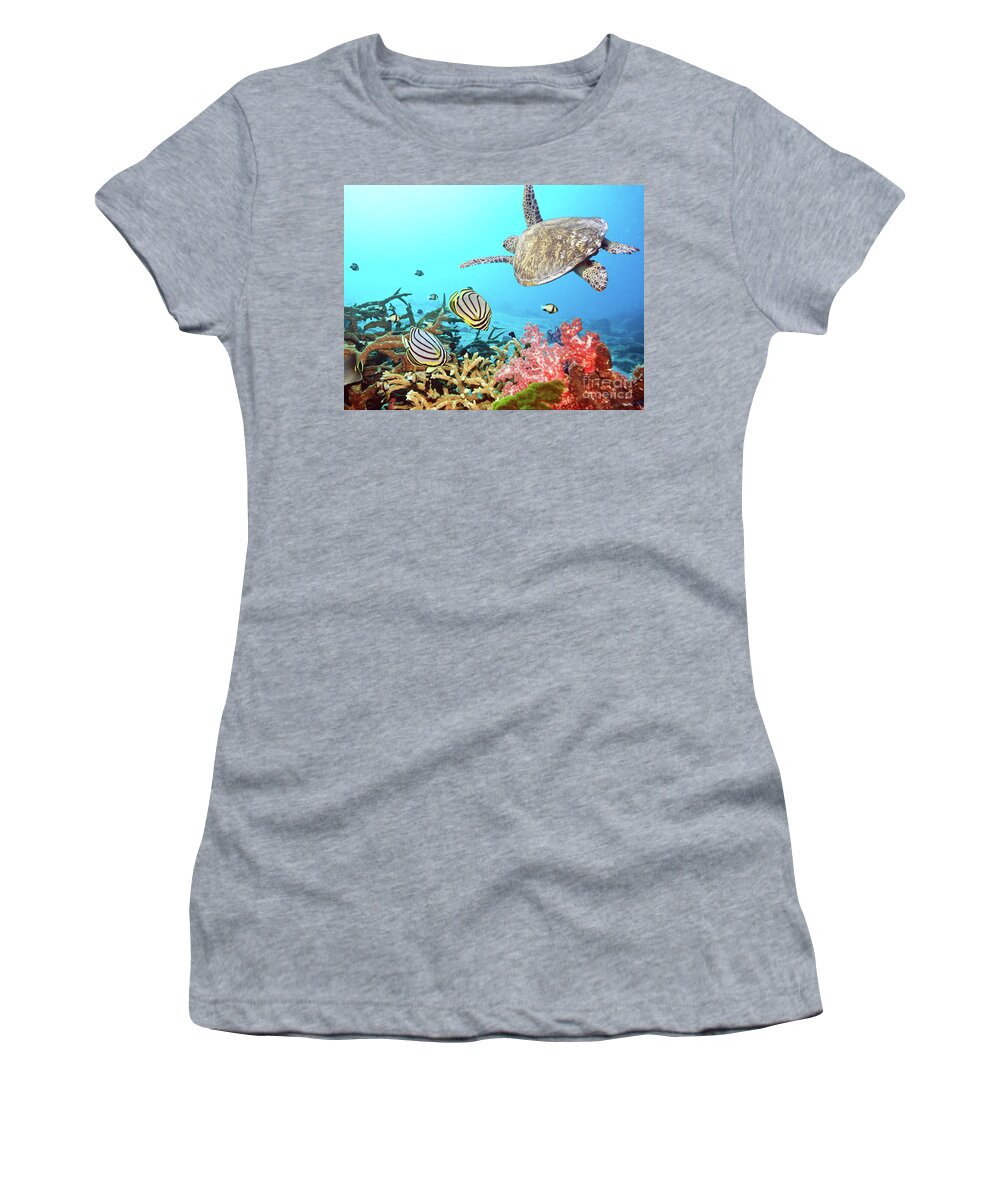 Butterflyfish Women's T-Shirt featuring the photograph Butterflyfishes and turtle by MotHaiBaPhoto Prints
