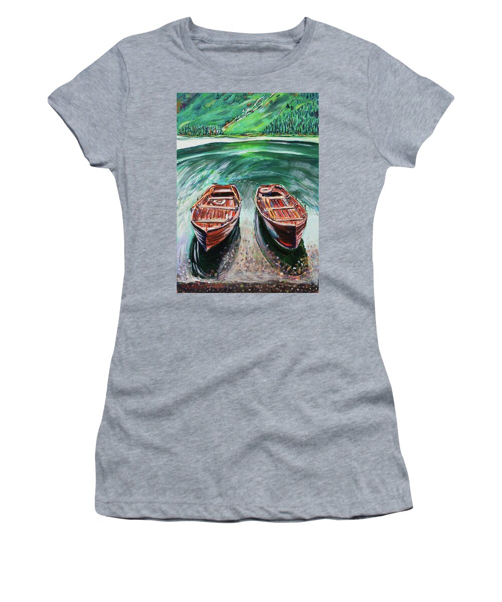 Acrylic Women's T-Shirt featuring the painting Buttermere Boats by Seeables Visual Arts