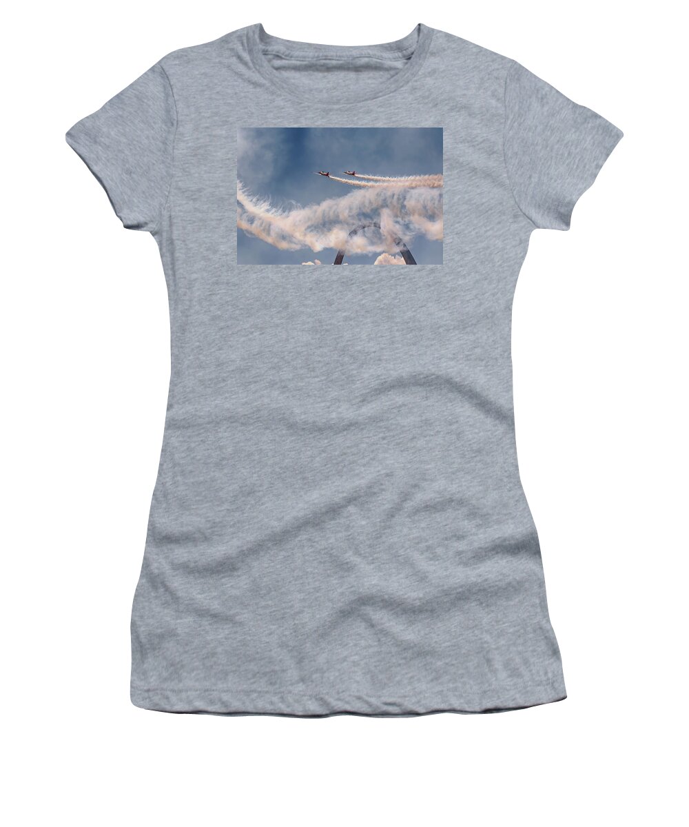 Aeroshell Women's T-Shirt featuring the photograph Buzzing the Arch by Susan Rissi Tregoning