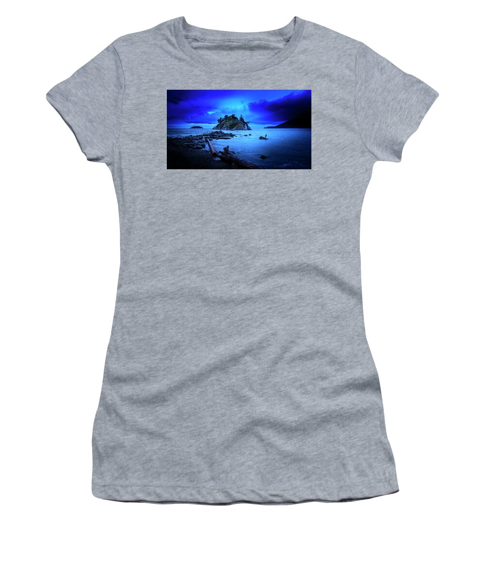Ocean; Pacific; Pacific Ocean; Vancouver; Sunset; Sun; Cruise; Ship; Boat; Water; Sky; Dusk; Red; Orange; Glow; Cloud; Romantic; Destiny; British Columbia; John Poon; Lighthouse Park; Lighthouse; Barns; Rain Forest; Lush; Virgin; Dawn; Twilight; Whytecliff; Morning; Midnight; Night Women's T-Shirt featuring the photograph By The Light Of The Moon by John Poon