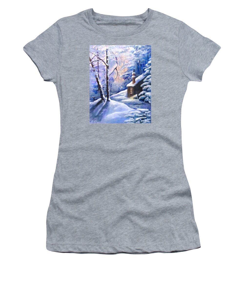 Snow Women's T-Shirt featuring the painting Cabin in the Woods by Barbara O'Toole