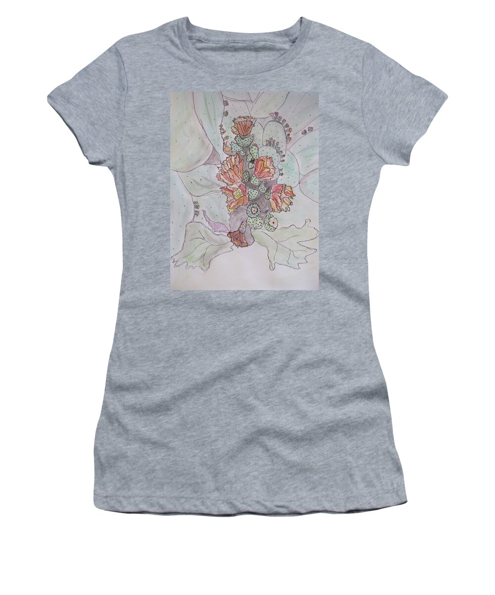 Abstract Desert Cactus Expression Voices Joy Blooms Carmine Yellow Orange Brown Violet Black Green Women's T-Shirt featuring the mixed media Cactus Voices #1 by Sharyn Winters