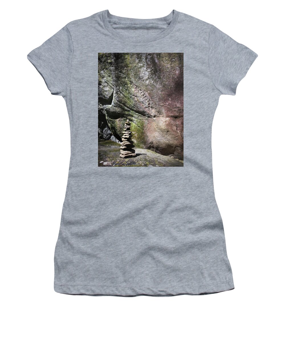 Kelly Hazel Women's T-Shirt featuring the photograph Cairn Rock Stack at Jones Gap State Park by Kelly Hazel