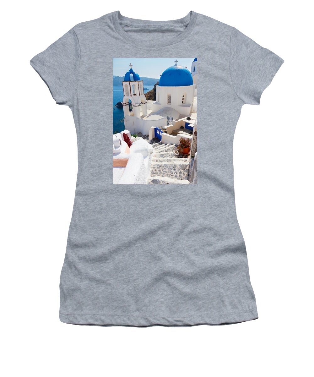 Santorini Women's T-Shirt featuring the photograph Caldera with Stairs and Church at Santorini by Anastasy Yarmolovich