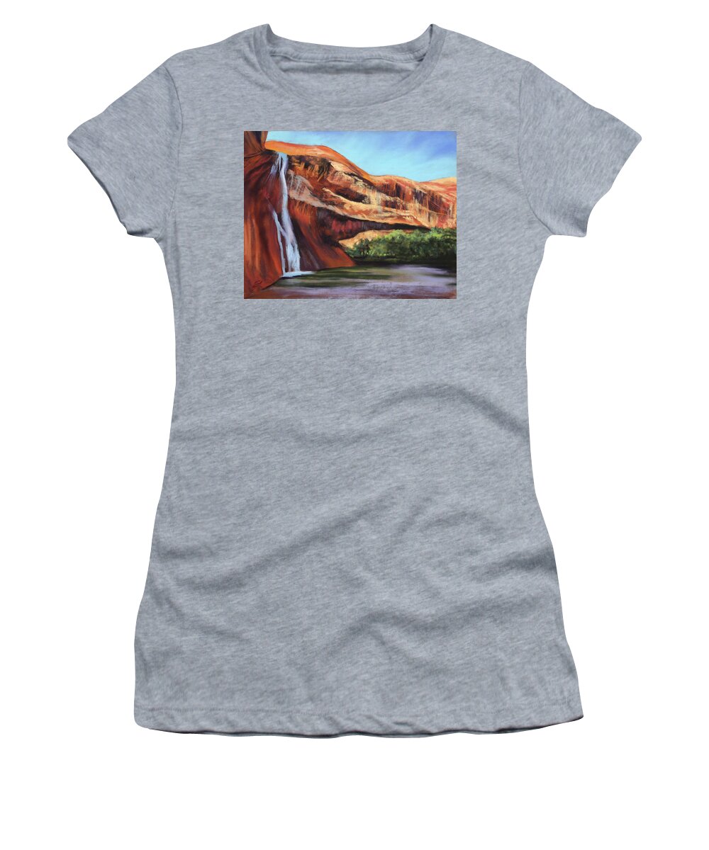 Calf Creek Falls Women's T-Shirt featuring the painting Calf Creek Falls by Sandi Snead