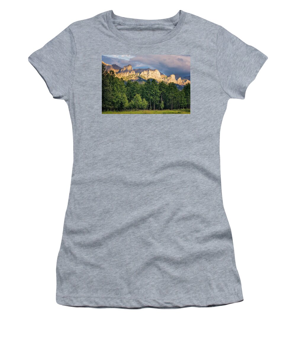 Joan Carroll Women's T-Shirt featuring the photograph Canadian Rockies in Canmore Alberta by Joan Carroll