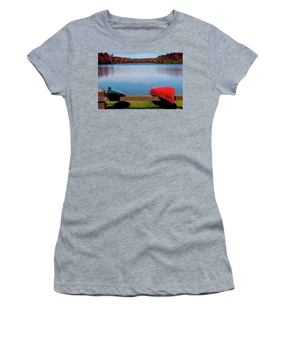 Autumn Women's T-Shirt featuring the photograph Canoes at Ricketts Glen State Park by Barry Wills