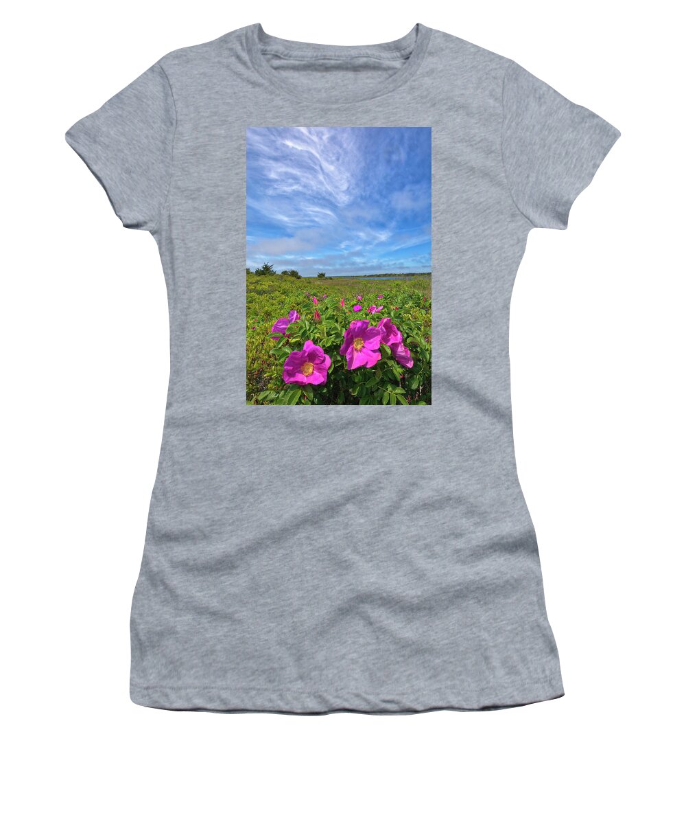 Mashpee National Wildlife Refuge Women's T-Shirt featuring the photograph Cape Cod Wild Roses at the Mashpee National Wildlife Refuge by Juergen Roth