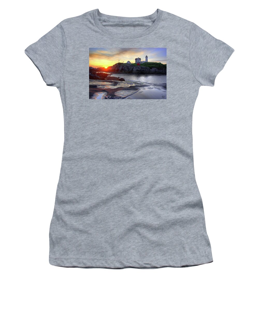 Sunrise Women's T-Shirt featuring the photograph Cape Neddick Lighthouse Sunrise by Brett Pelletier