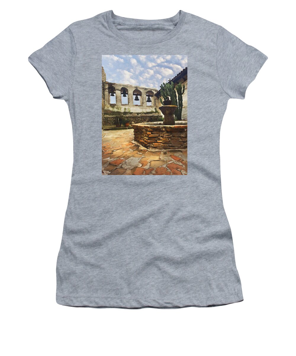Mission Women's T-Shirt featuring the photograph Capistrano Fountain by Sharon Foster
