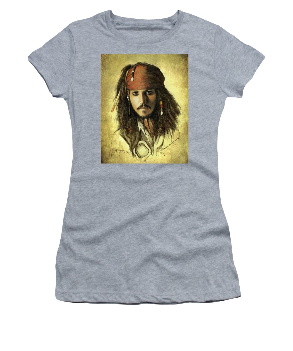 Face Women's T-Shirt featuring the drawing Captain Jack Sparrow by Jaroslaw Blaminsky