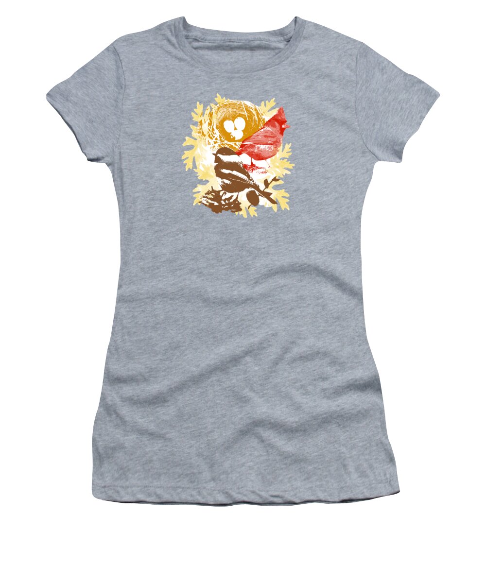Birds Women's T-Shirt featuring the mixed media Cardinal Chickadee Birds Nest with Eggs by Christina Rollo