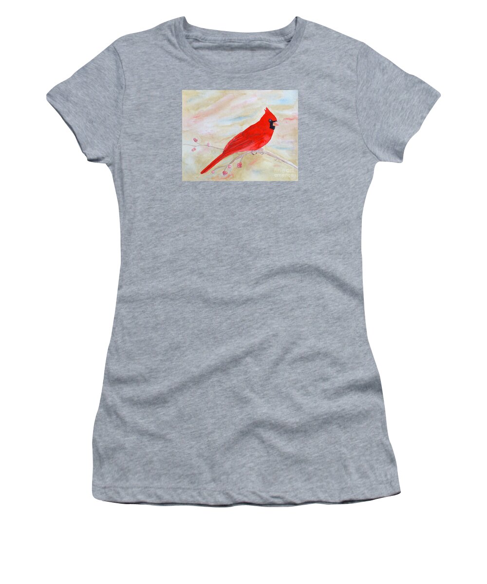 Cardinal Women's T-Shirt featuring the painting Cardinal Watching by Laurel Best