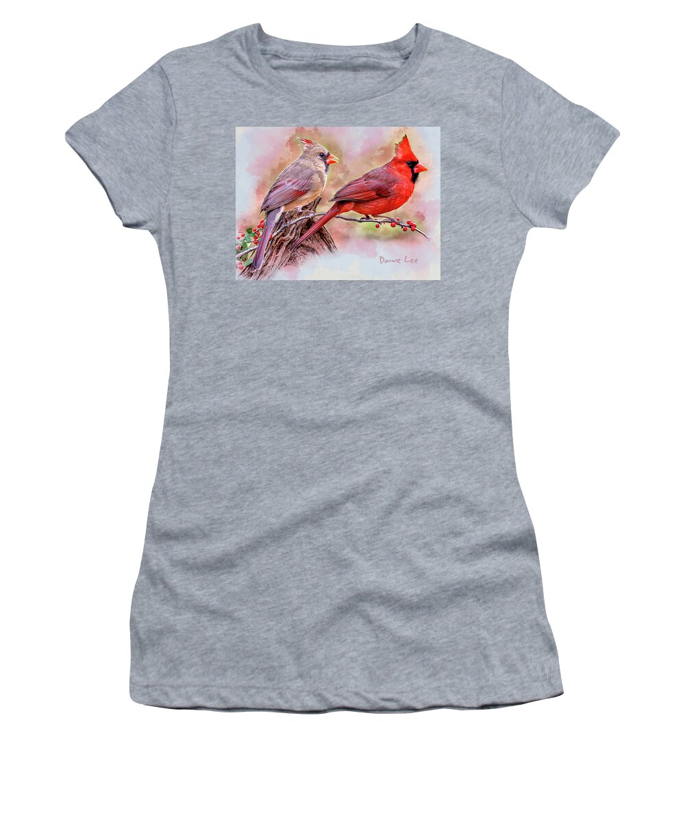 Cardinals Women's T-Shirt featuring the mixed media Cardinals - Beloved Songbirds by Dave Lee