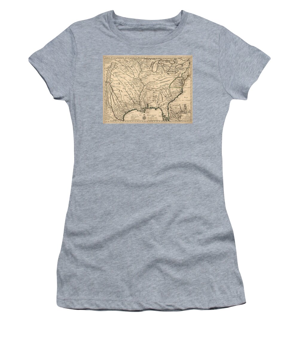 Map Women's T-Shirt featuring the digital art Carte de la Louisiane et du cours du Mississipi 1718 by Texas Map Store