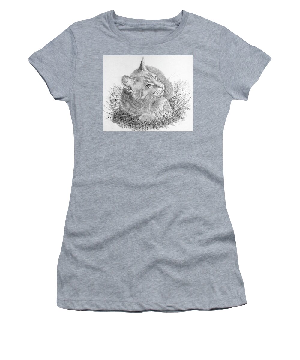 Cat Women's T-Shirt featuring the drawing Cat in the Grass by Louise Howarth