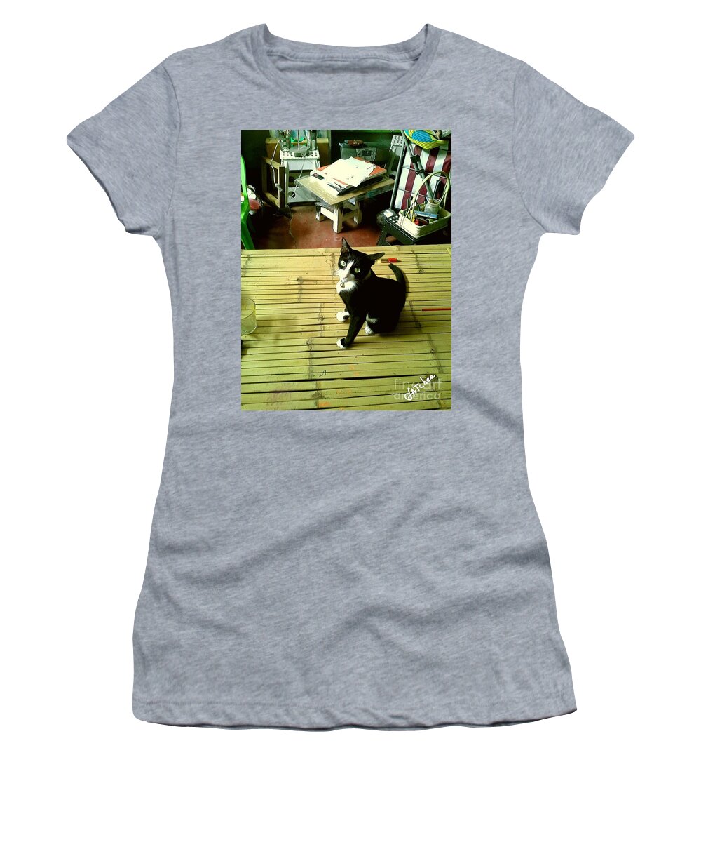 Cat Women's T-Shirt featuring the photograph Cat on A Bamboo Litter by Sukalya Chearanantana