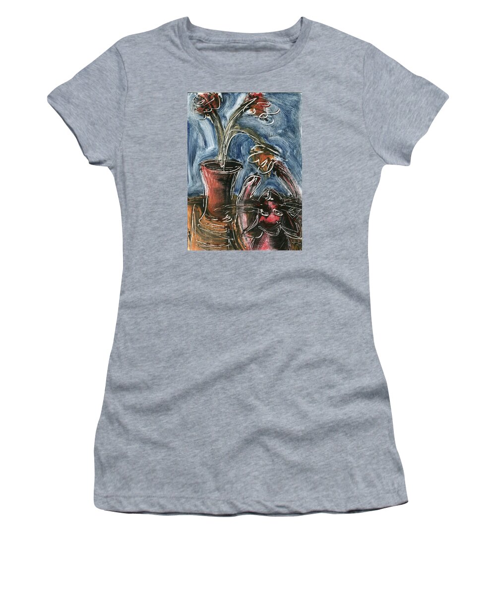 Monoprint Women's T-Shirt featuring the mixed media Cat with Flowerpot by Sheryl Karas