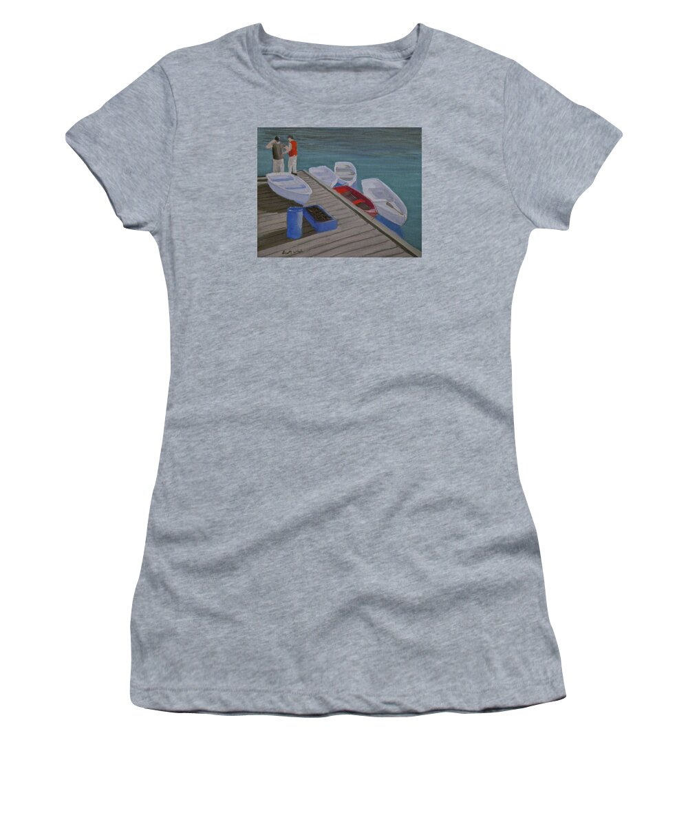 Harbor Boats Water Ocean Lobster People Dock Women's T-Shirt featuring the painting Catch Of The Day by Scott W White