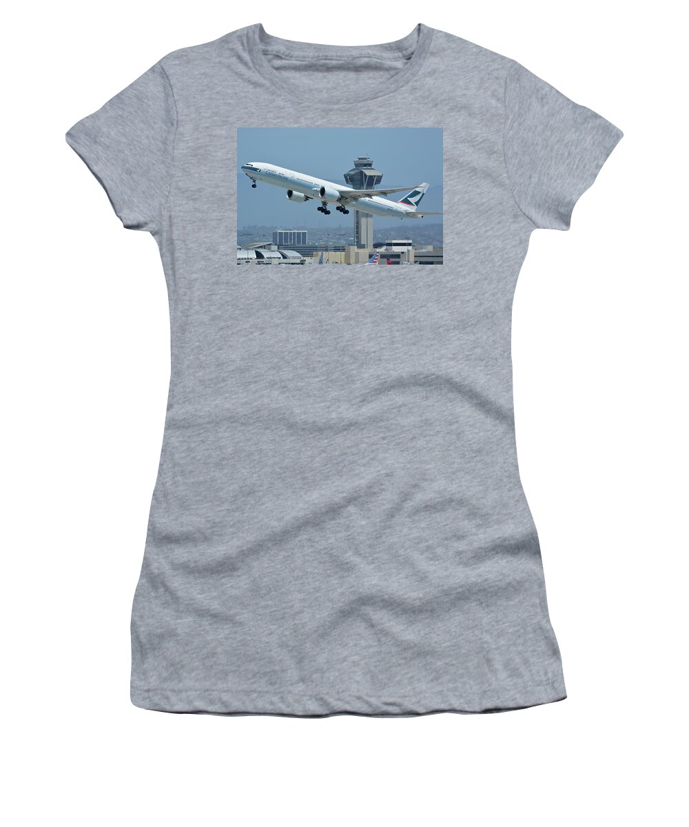 Airplane Women's T-Shirt featuring the photograph Cathay Pacific Boeing 777-367ER B-KPH Los Angeles International Airport May 3 2016 by Brian Lockett