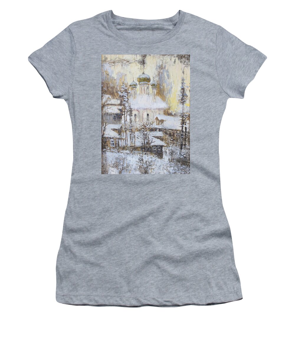 Russia Women's T-Shirt featuring the painting Cathedral Over the Snowy Village by Ilya Kondrashov