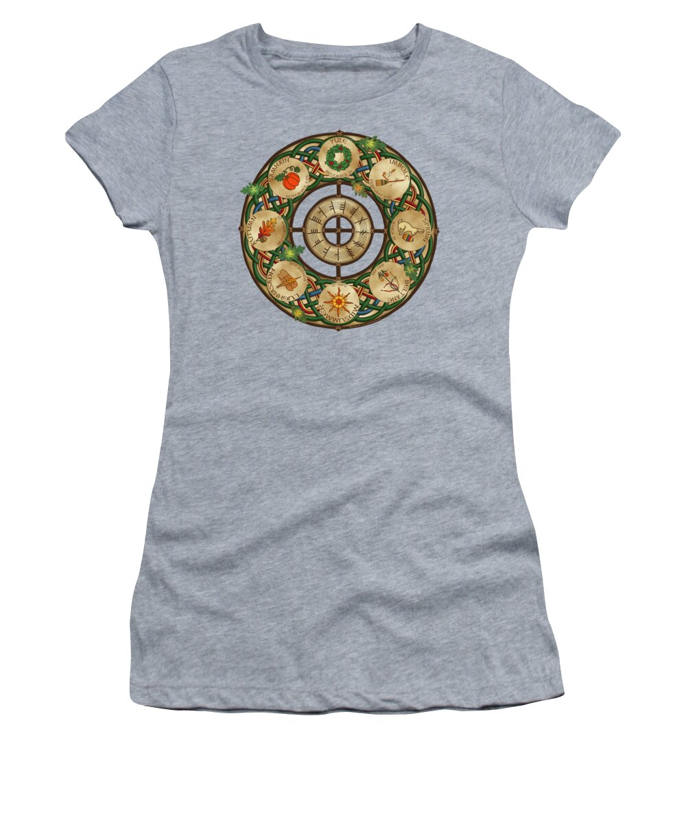 Artoffoxvox Women's T-Shirt featuring the mixed media Celtic Wheel of the Year by Kristen Fox