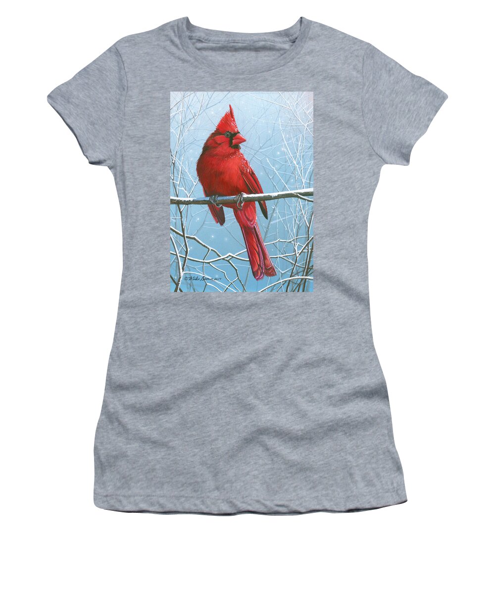 Red Bird Women's T-Shirt featuring the painting Center Stage by Mike Brown