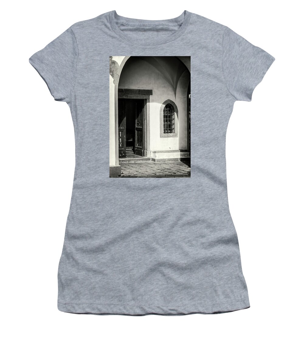 Joan Carroll Women's T-Shirt featuring the photograph Chapel In Riomaggiore Cinque Terre Italy BW by Joan Carroll