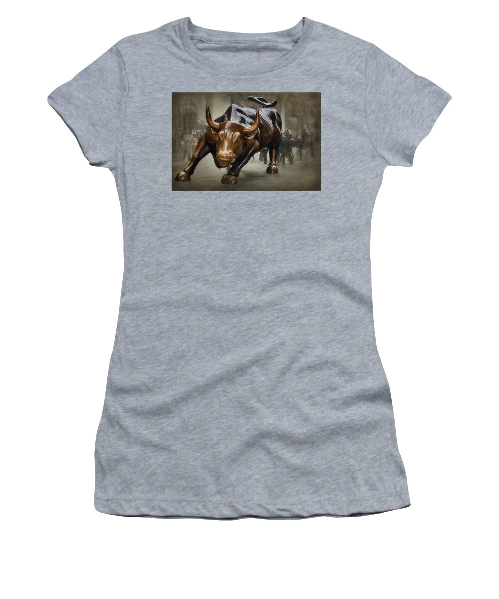 New York Bull Women's T-Shirt featuring the photograph Charging Bull by Dyle Warren
